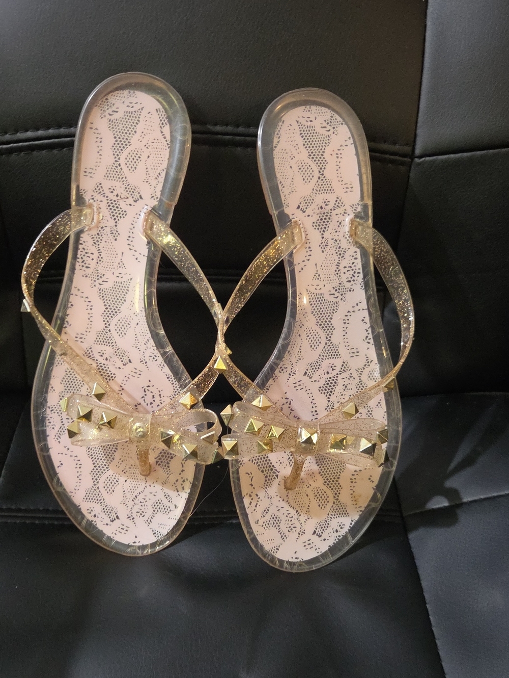 Clear Gold Jelly Bow Sandals with Stud Accents - Women's